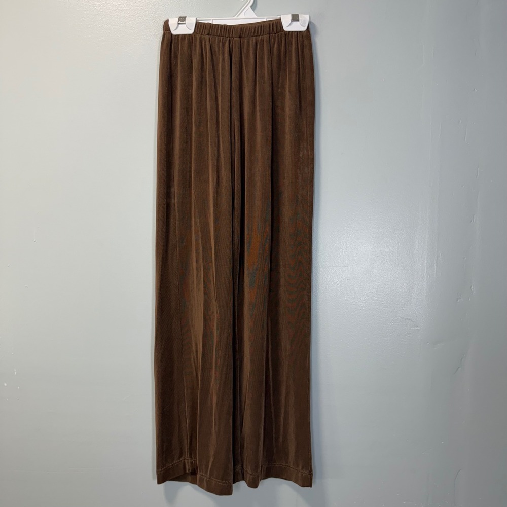 Chicos Travelers Brown Ribbed Slinky Wide Leg Pants Size 0 Short Elastic Waist